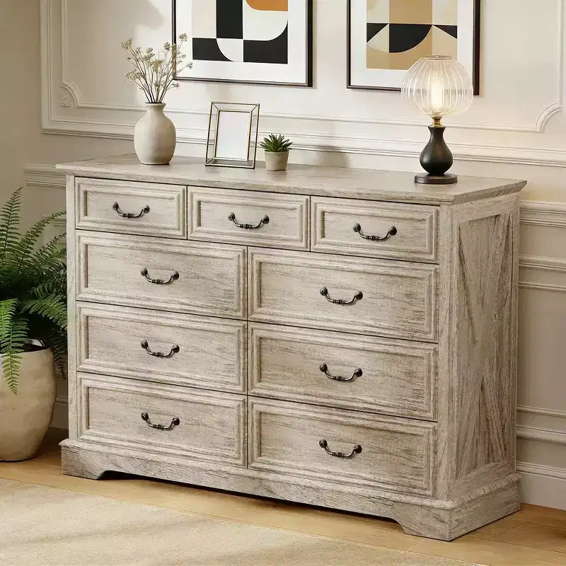 Dyonery 9-Drawer Farmhouse Dresser, 52 Wide Rustic Chest with Wood Top, Ample Storage & Metal Handles, Bedroom Organizer & TV Stand