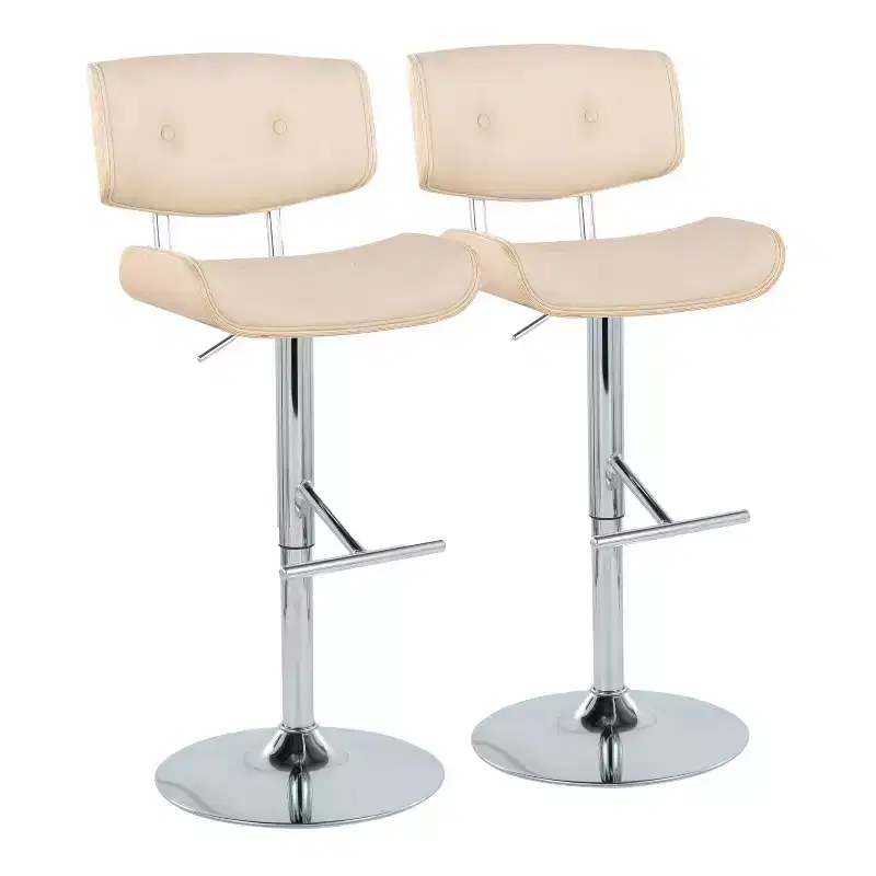 Set of 2 Lombardi Adjustable Barstools Chrome/Natural/Cream: Mid-Century, Tufted, Bent Wood, 360° Swivel - LumiSource