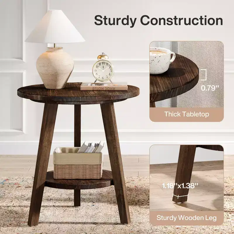Solid Wood Round End Table with Storage Shelf, Farmhouse Sofa Side Table and Nightstand for Living Room and Bedroom, Dark Brown, Easy Assembly