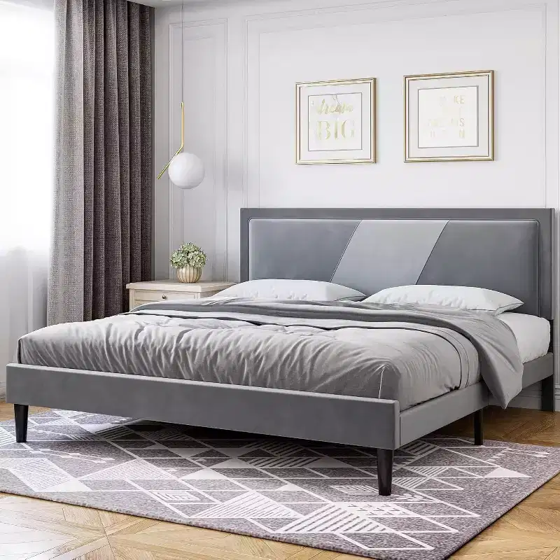 Queen Upholstered Bed Frame with Wingback Headboard, Luxurious Velvet, Wooden Slats, Easy Assembly, Box Spring Optional, Gray
