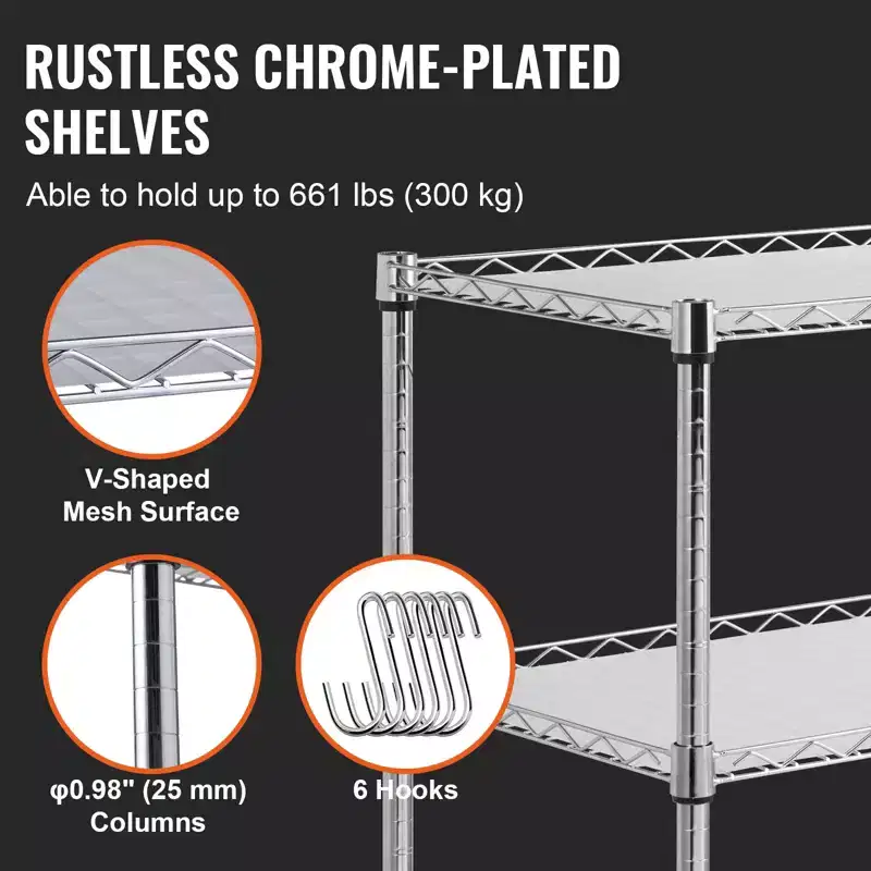 3-Tier Wire Rolling Kitchen Utility Cart, 661LBS Capacity, Curved Handle, PP Liner & 6 Hooks