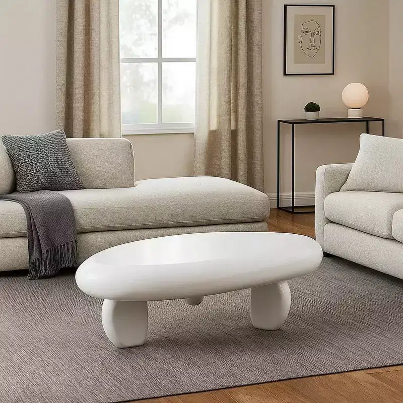 Coffee Table, 30 Inch Asymmetric Pebble Design, High Gloss White