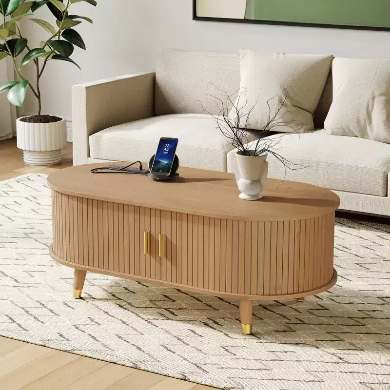 42.5 Oval Fluted Coffee Table with Charging Station, Mid-Century Center Table with Sliding Tambour Door for Living Room, Natural/Teak