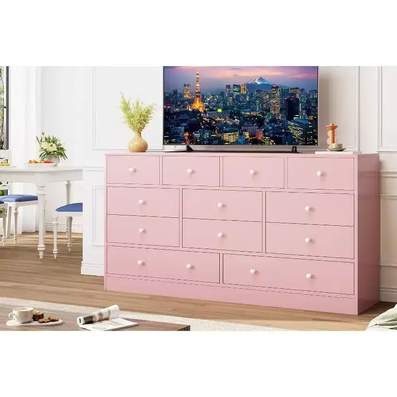 12 Drawer Dresser, 61 in Long Dresser TV Stand with Charging Station, Large Wooden Drawers for Bedroom, Closet, Living Room, Pink