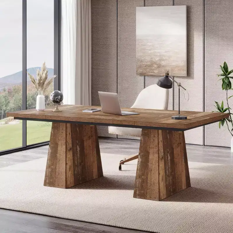 Lantine 63-Inch Executive Desk, Large Office Computer Desk with Double Pedestal, Modern Writing Table for Home Office, Espresso Brown