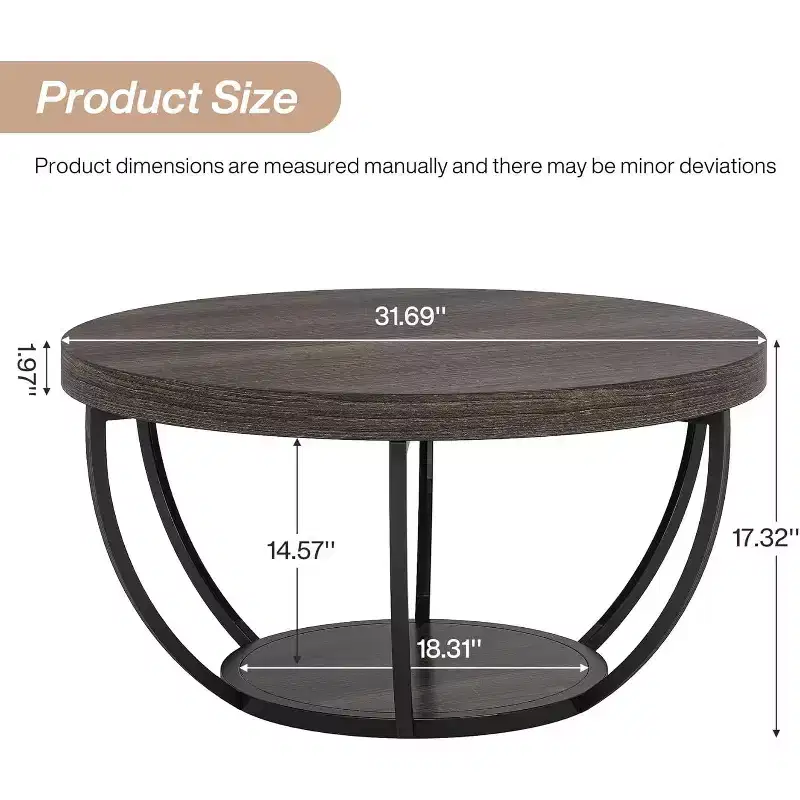 32-Inch Round Coffee Table, Farmhouse 2-Tier Wood Center Table with Storage Open Shelves for Living Room