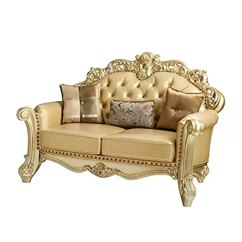 Bone Faux Leather Loveseat with Gold Patina Finish