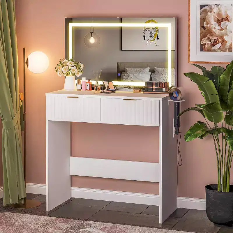 Fluted Vanity Desk with Large Mirror, Makeup Vanity with 2 Drawers, Make Up Table for Bedroom