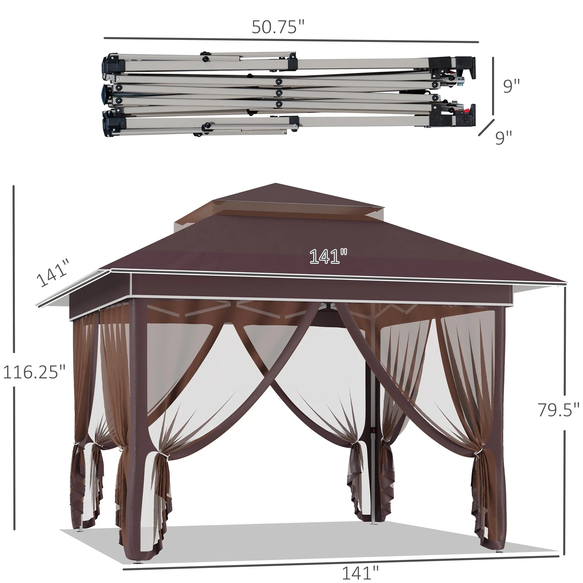 Outsunny 12 x 12 Pop Up Canopy Sun Shade Instant Tent Folding with Mesh Sidewall Netting, 3-Level Adjustable Height