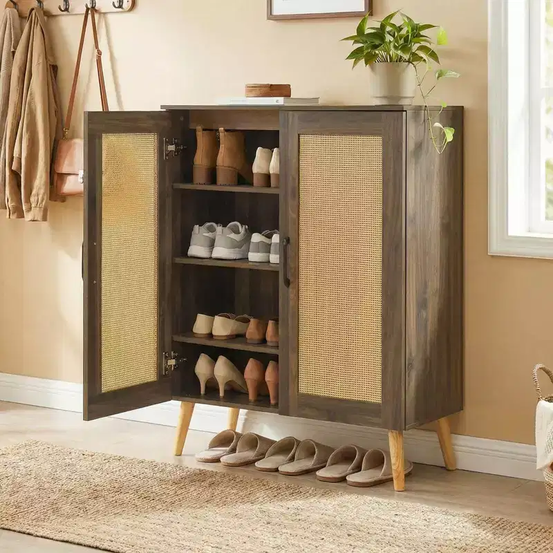 Costway Rattan Shoe Cabinet with 3 Removable Shelves,5-Tier Narrow Cabinet Wood Legs, Walnut/Natural