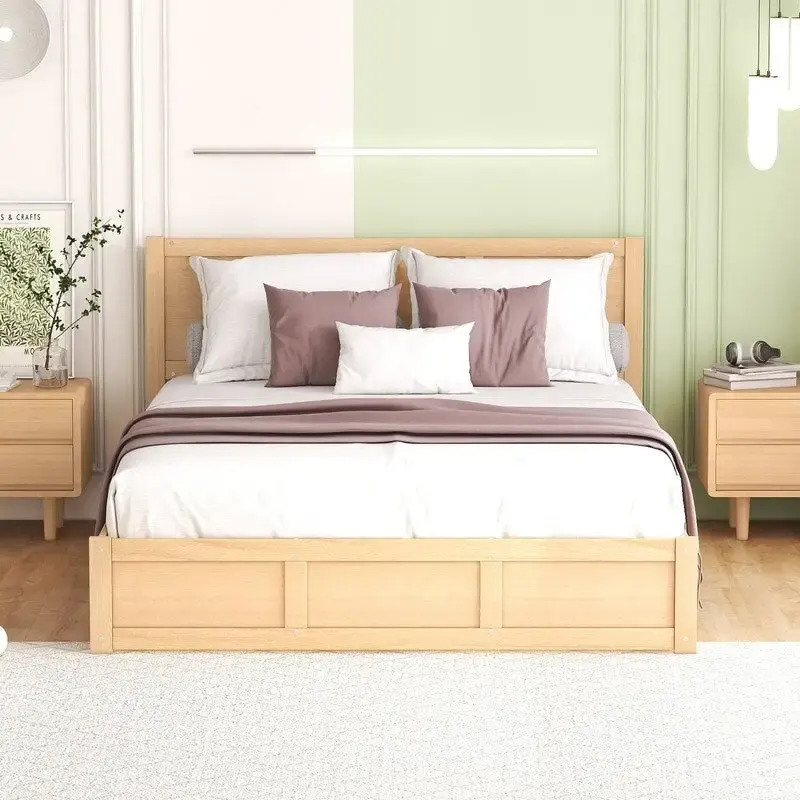 Wood Platform Bed with Underneath Storage and 2 Drawers, Wood Color