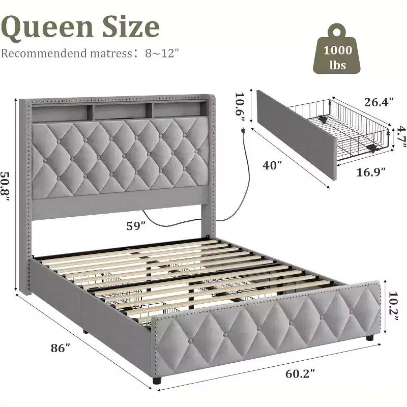 Dark Grey Velvet Queen Platform Bed, 4 Drawers & LED Lights, Fits 2