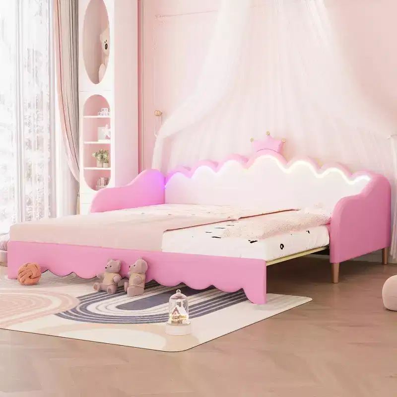Twin Extending Daybed, Modern Upholstered Princess Daybed With Crown Headboard