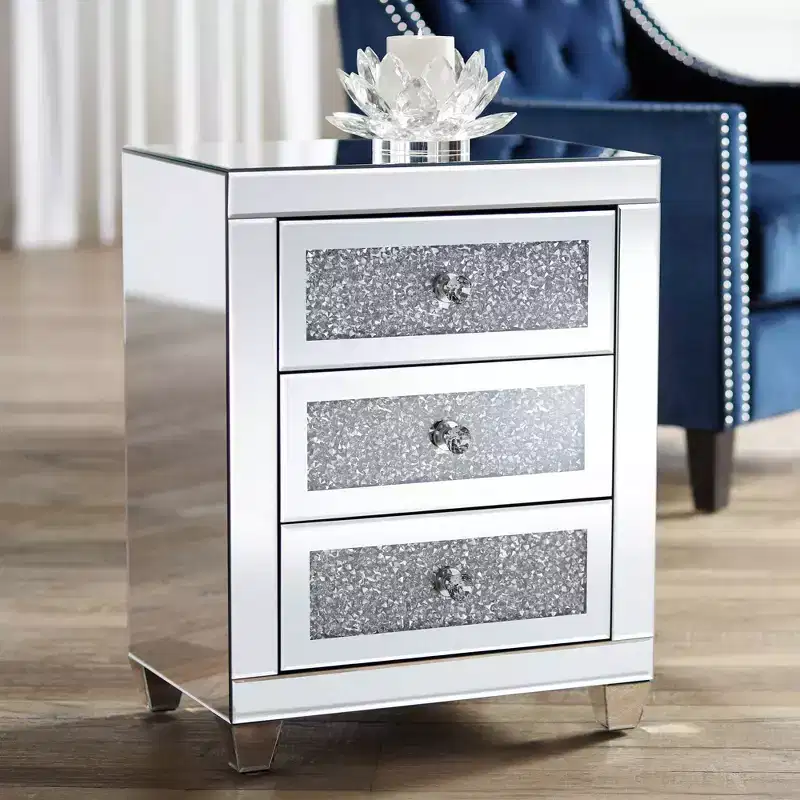 Studio 55D Gia Modern Mirrored Rectangular Accent Side End Table 20 x 14 with 3-Drawer Silver Glass Crystal for Living Room Bedroom Bedside Entryway