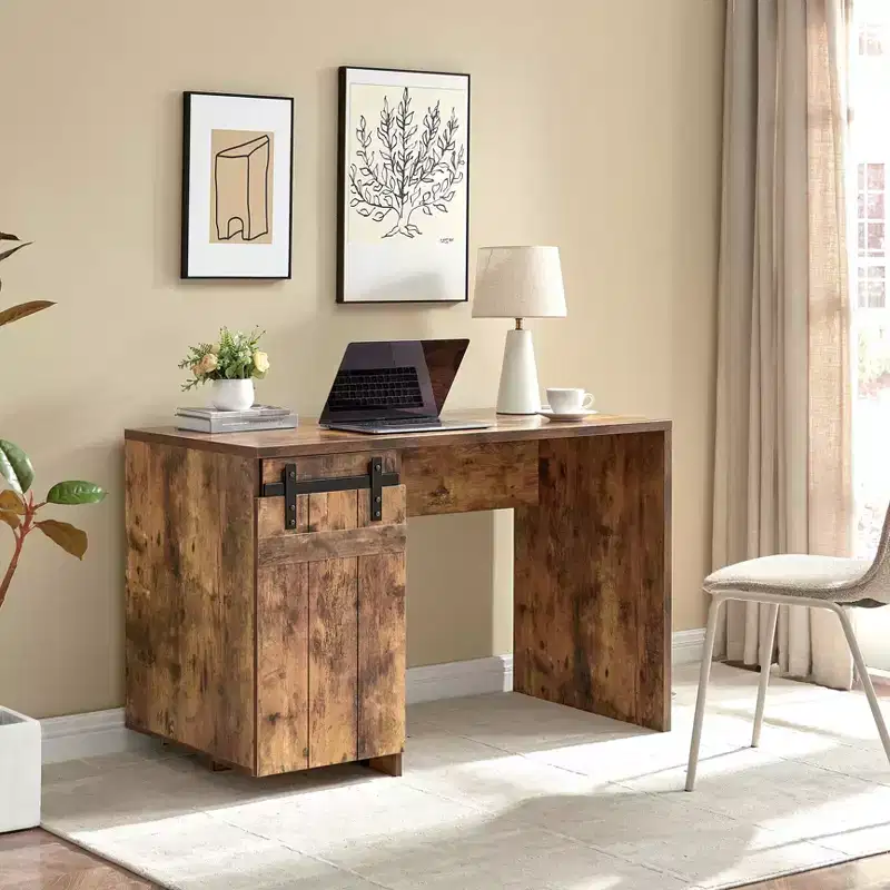 47.25IN Farmhouse Home Office Desk, Computer Desk with Faux Barn Door and 3-Tier Shelves, Standing Desk for Home Office