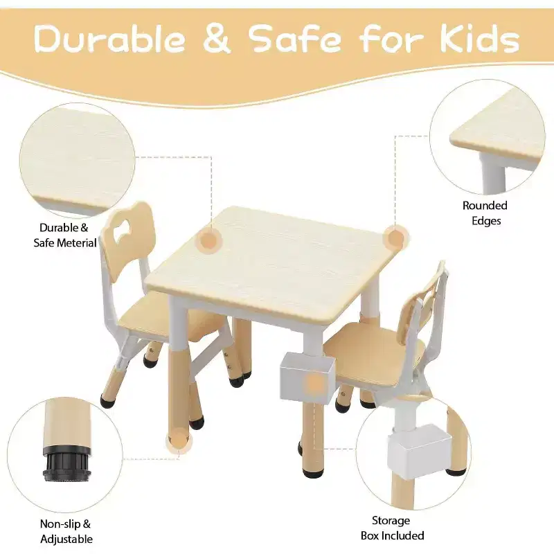 Kids Table and 4 Chairs Set with Particleboard Desktop, Height Adjustable, Anti-Slip Pad, Compact Dining Set, and Durable Desktop
