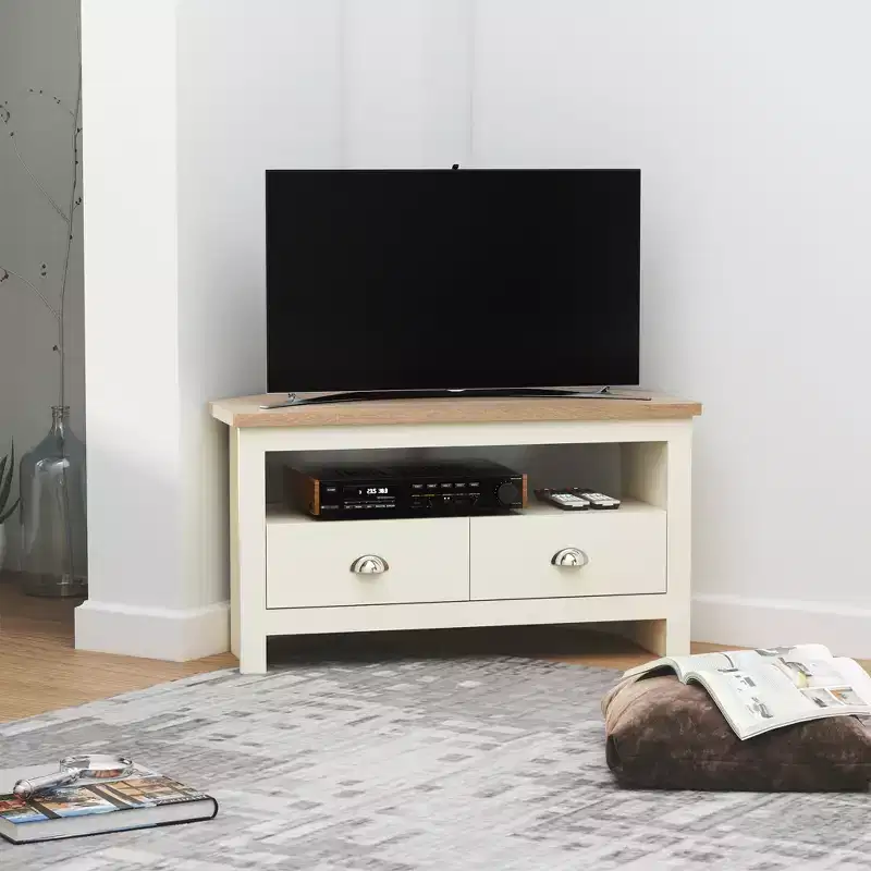GDFStudio Cordoba Modern Wood Corner TV Stand with Drawers and Open Shelf