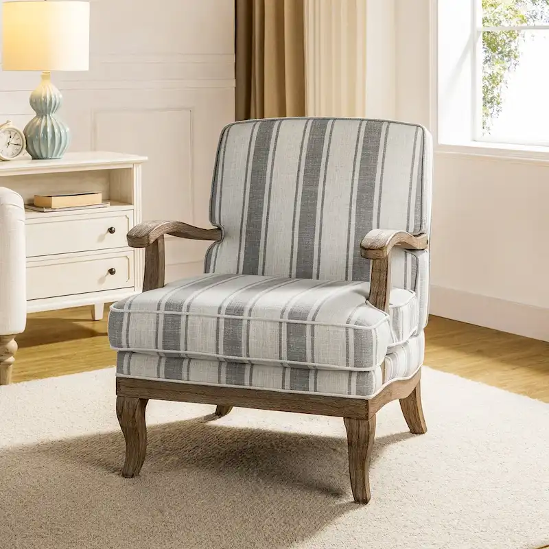 Farmhouse Polyester Armchair with Solid Wood Legs