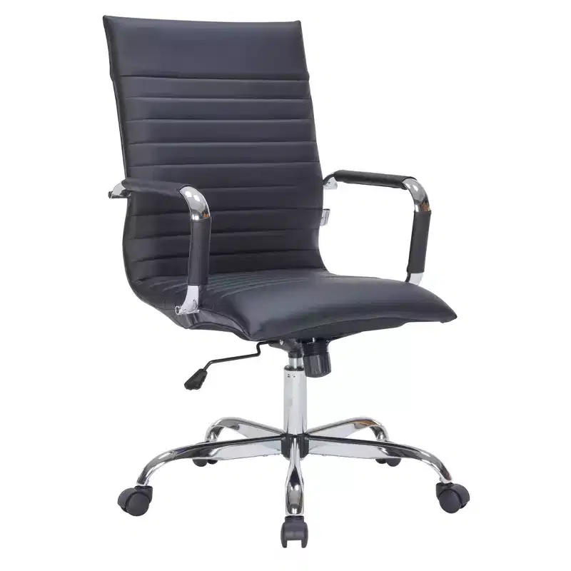 LeisureMod Harris Office Arm Chair - Ribbed Leather with Chrome Metal Frame - Modern Swivel & Tilt Desk Chair