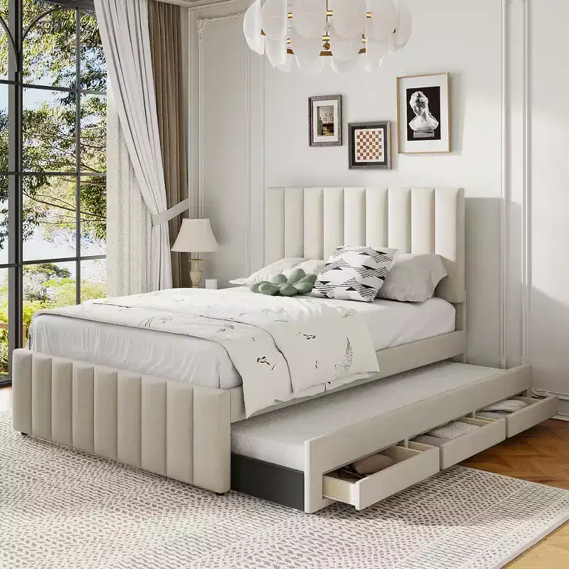 Full Size Upholstered Platform Bed with Twin Size Trundle and 3 Drawers, Linen Fabric, Beige
