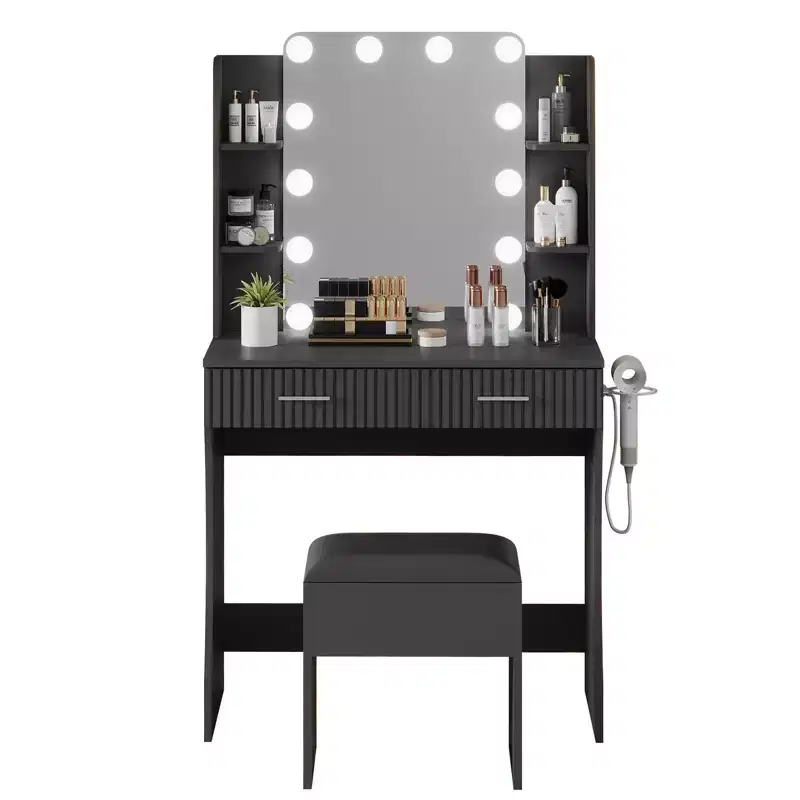 Makeup Vanity Desk with Mirror and 12 LED Lights, Modern Vanity Table with Power Outlet, 2 Drawers, Hair Dryer Holder and Stool, for Bedroom