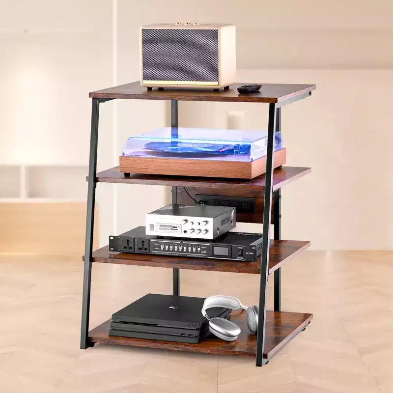 VEVOR 4-Tier AV Media Stand with Power Strips, Corner TV Stand with LED Lights, Height Adjustable Wooden Shelves for DVD Players, Brown