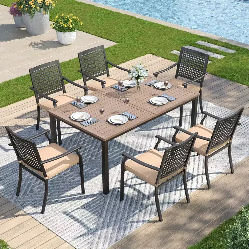 Captiva Designs 7pc Patio Wood-look Steel Dining Table with Umbrella Hole & Stackable Chairs with Bull's Eye Pattern