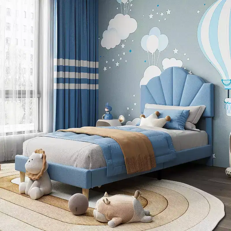 Girls' Bed Frame, Velvet Upholstered Platform Bed Frame with Height Adjustable Headboard for Boys & Girls, Wood Slat Support, Easy to Assemble