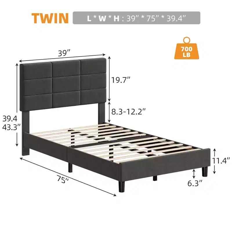Double bed frame, linen upholstered platform bed frame, adjustable headboard height, no packaging required, gray.