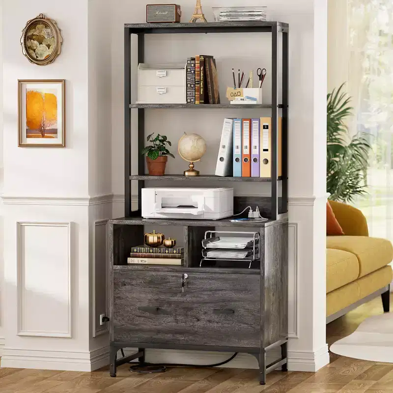 Besiost File Cabinet with Charging Station, Bookshelf with Filing Cabinet