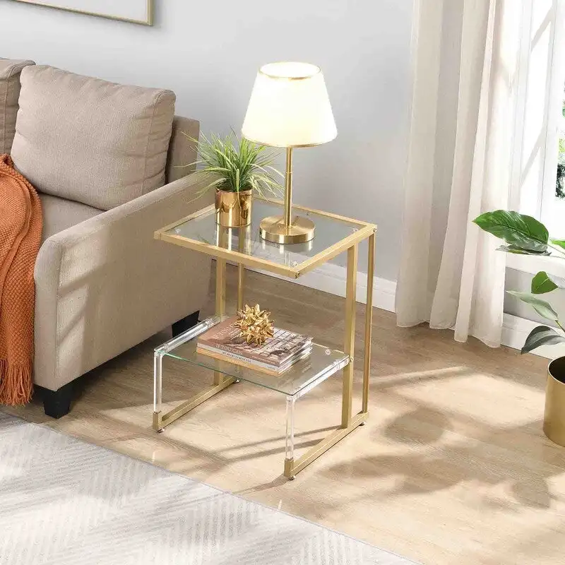 2-Tier End Table with Tempered Glass Shelves & Geometric Metal Frame