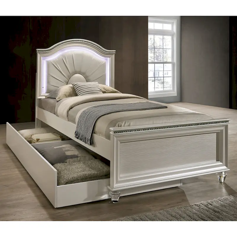 Twin/Full Glam Panel Bed with Trundle & LED Headboard, Faux Leather, No Box Spring
