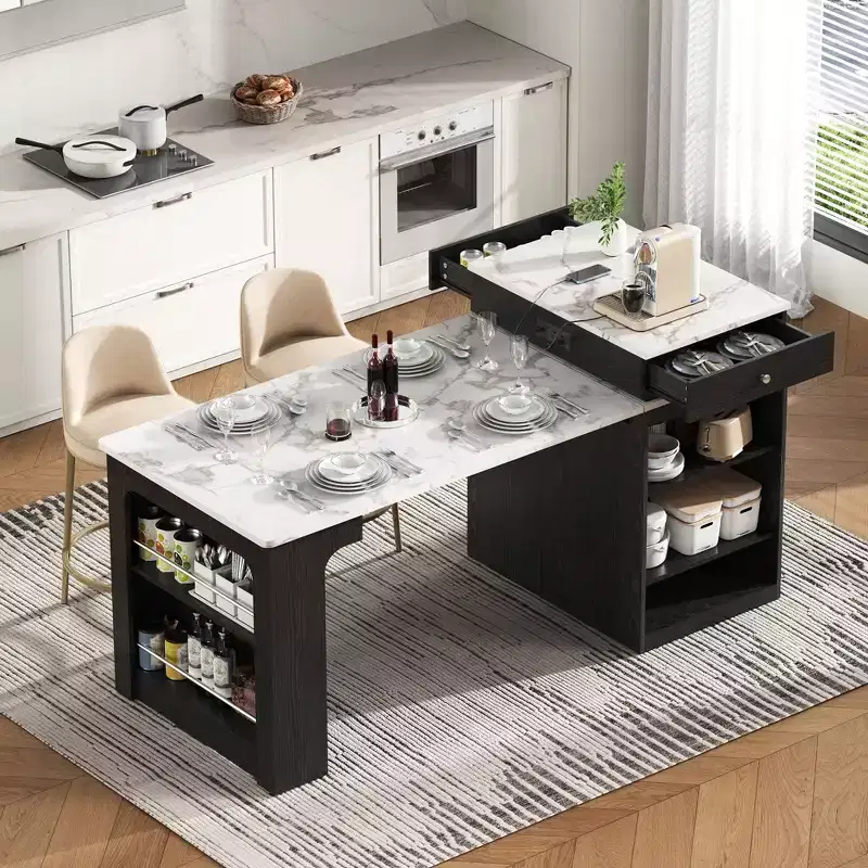 PexFix 59.5 Kitchen Island with Extendable Dining Table Kitchen Storage Table with Double-sided Storage with Power Outlet&Side Open Shelves Black