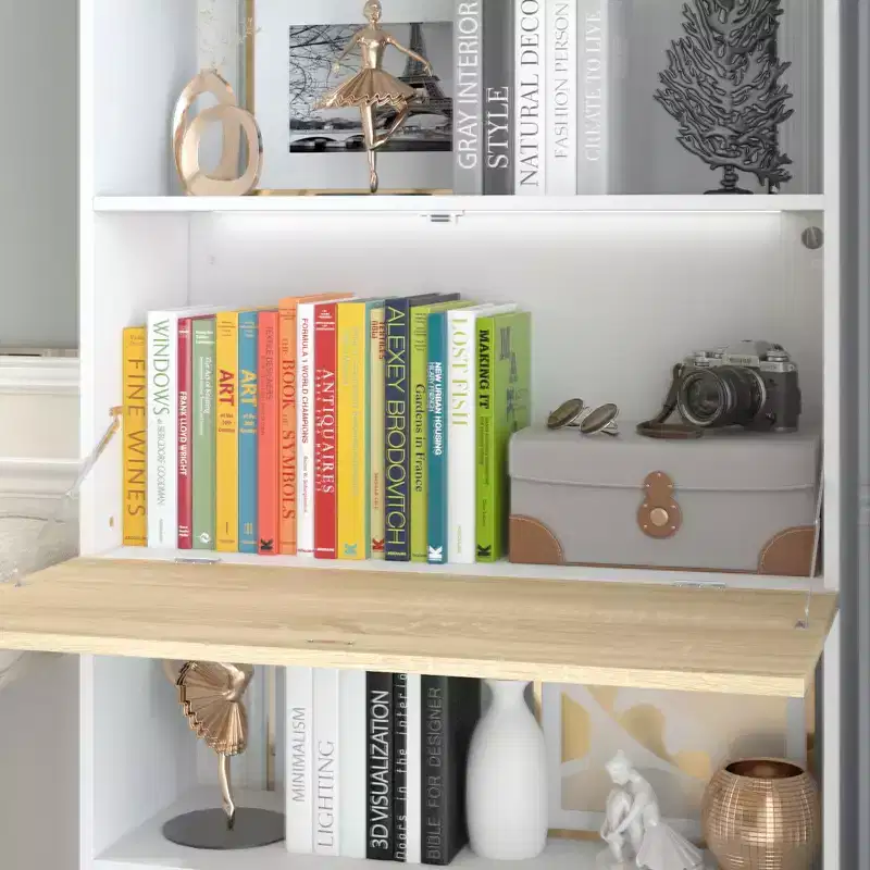 Famapy White Wall-Mounted Bookshelf & Display Rack with Hidden Drop-Down Desk & LED Lighting
