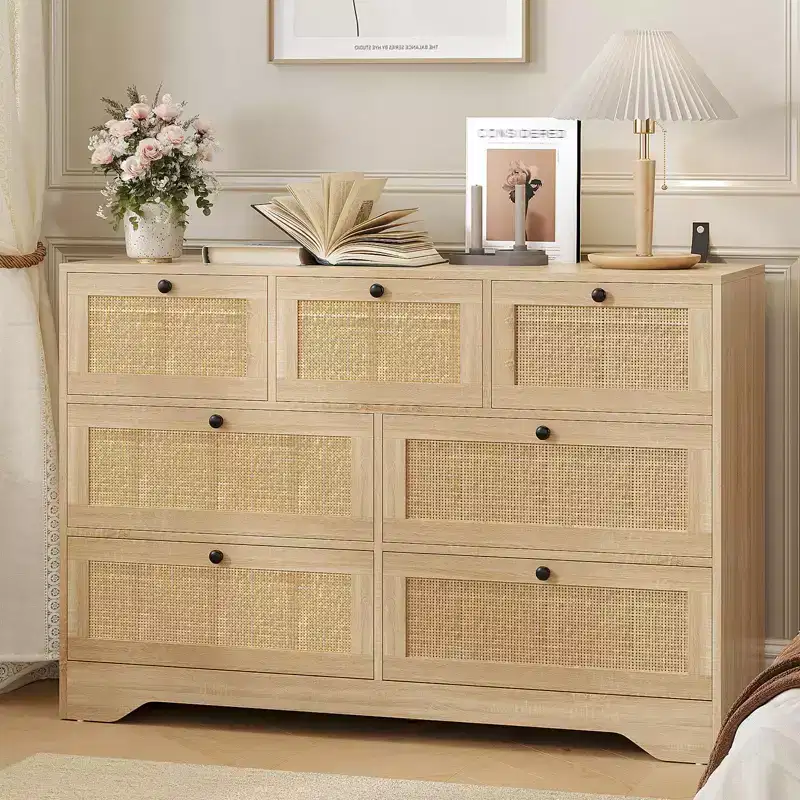 Rattan Dresser for Bedroom, 7 Drawer Double Dresser, Farmhouse Chest of Drawers, Wooden Storage Organizer for Closet, Living Room, Entryway, Hallway