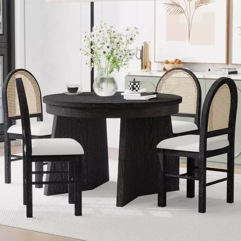 GDFStudio Harper 5 Piece Dining Set with Extendable Table and Upholstered Rattan-Back Chairs