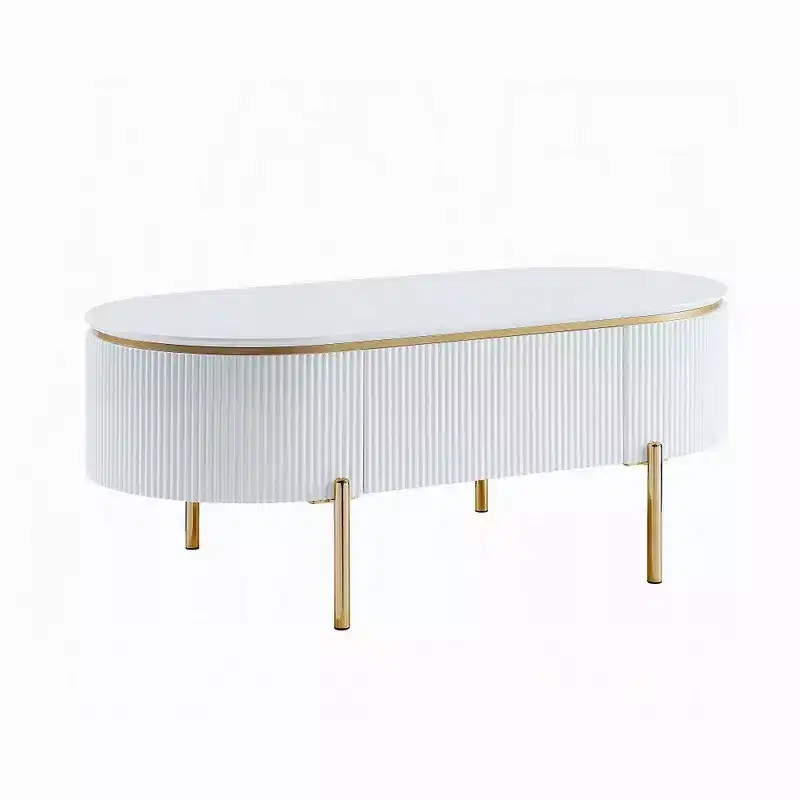 Royal Hampton Oval Coffee Table with Drawer, 47 Inch, Glossy White, Gold Metal