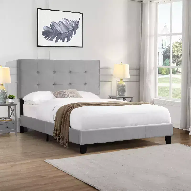 Full Bed Frame with Pull Point Tufted Headboard, Upholstered Platform Bed with Wood Slat Support, Gray