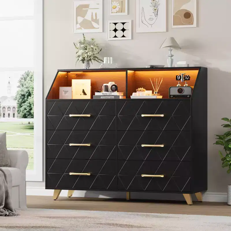 47 Black Chest of Drawers Lighted 6-Drawer Dresser with Charging Station & Storage Shelf, Wooden Dresser with Metal Legs for Bedroom Living Room
