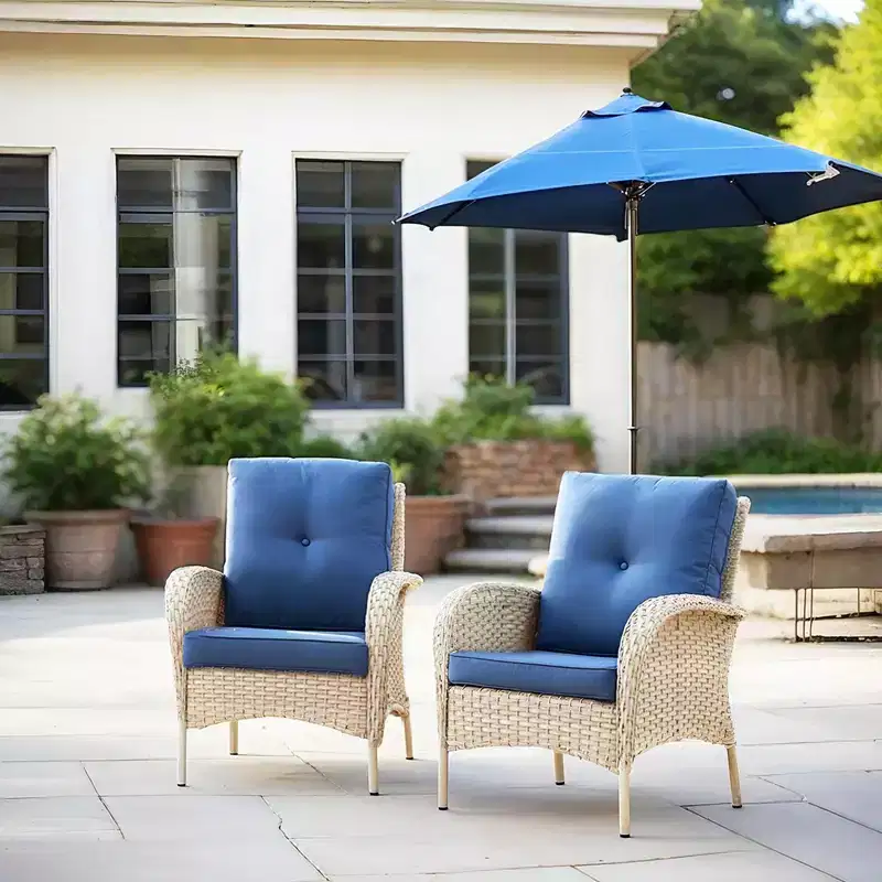 Bestier Patio Wicker Chairs Set of 2, Rattan Furniture Set with 4 Seat Cushions, High Back and Armrest for Garden, Backyard, Balcony and Deck, Blue