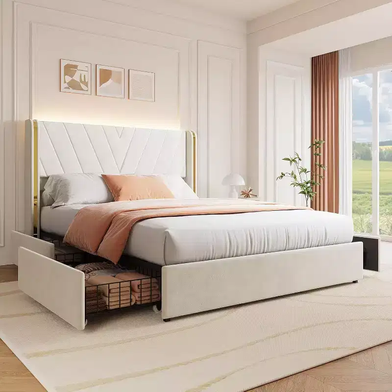 Queen Upholstered LED Bed Frame with Storage, Velvet Platform Bed with Wingback Headboard & 4 Drawers, No Box Spring Needed