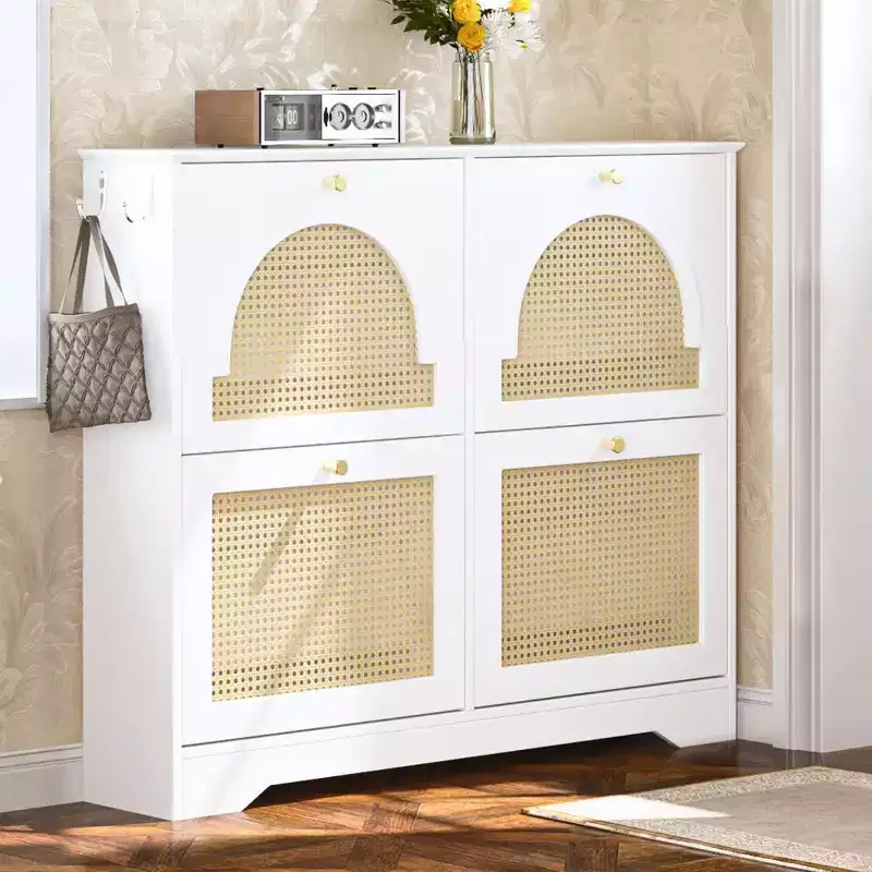 Mid-Century Entryway Shoe Cabinet with 4 Rattan Flip Drawers & Hooks