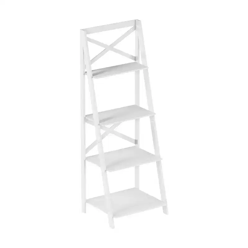 Hastings Home 4-Tier Ladder Bookshelf, Freestanding Bookcase with X-Back Frame and Leaning Look for Home or Office, White