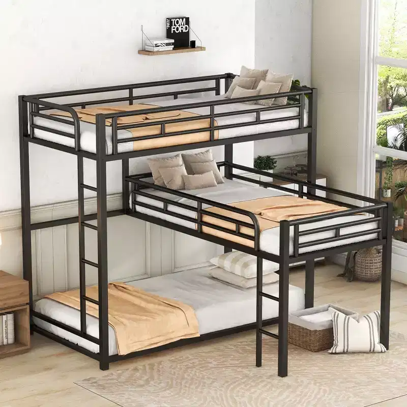 L-shaped Metal Triple Twin Size Bunk Bed with 2 Ladders- Black