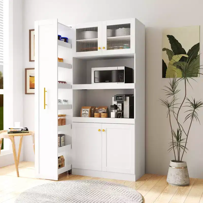 43W Multifunctional Kitchen Pantry Storage Cabinet with Pull-out Multi-tier Shelf and 4 Doors, White