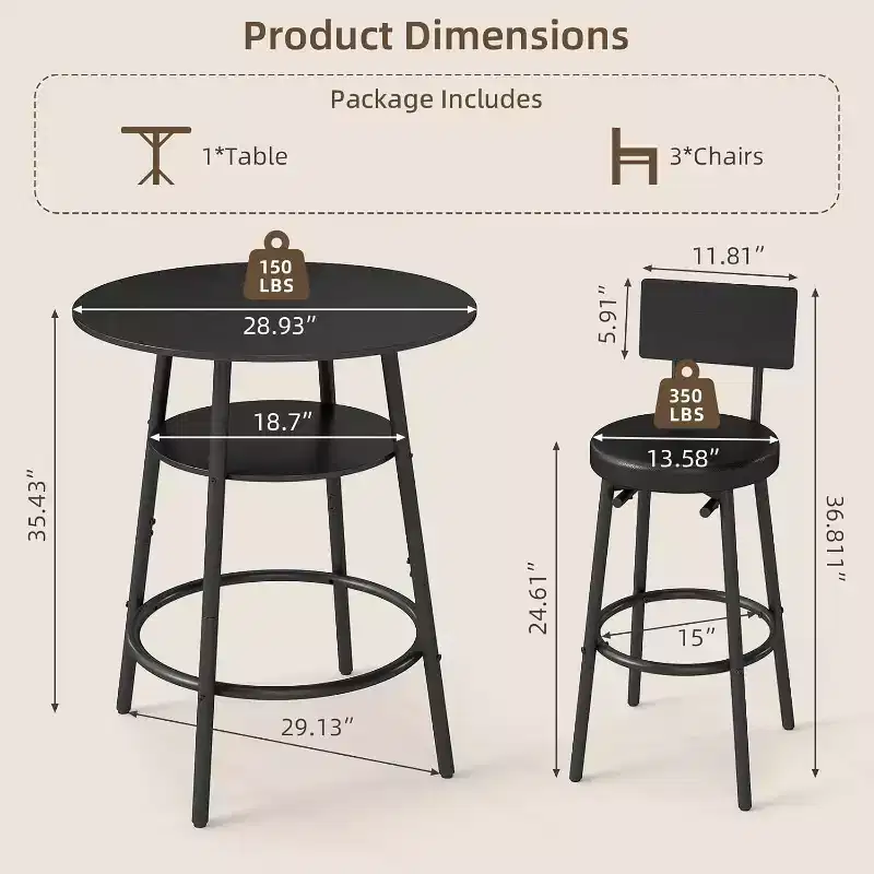 Zevemomo 4 Pieces 28.9 Round Bar Table Set with 3 Thickened Cushion Stools with Backrest for Small Space, Bistro, Black