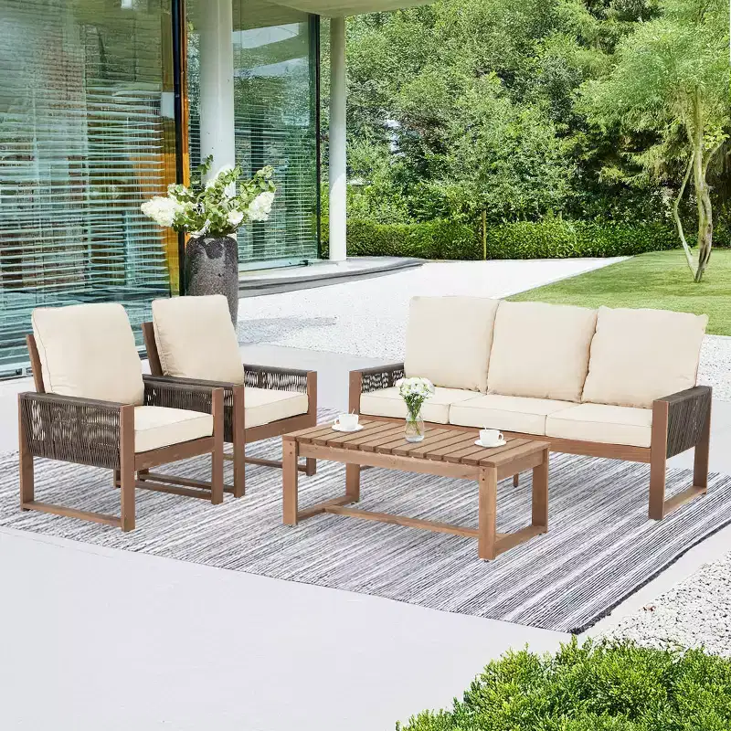 EROMMY 4-Piece Cedar Patio Set With PE Rope & Cushions - All-Weather Outdoor Conversation Group