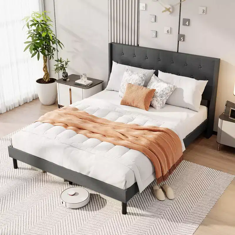 Queen Size Bed Frame Linen Upholstered Mattress Foundation with Wooden Slats