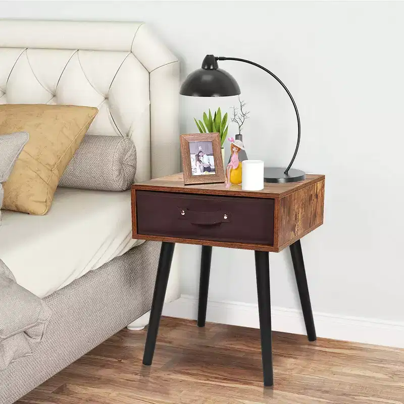 Mid-Century Accent Bedside Table W/ Fabric Drawer Rustic Brown