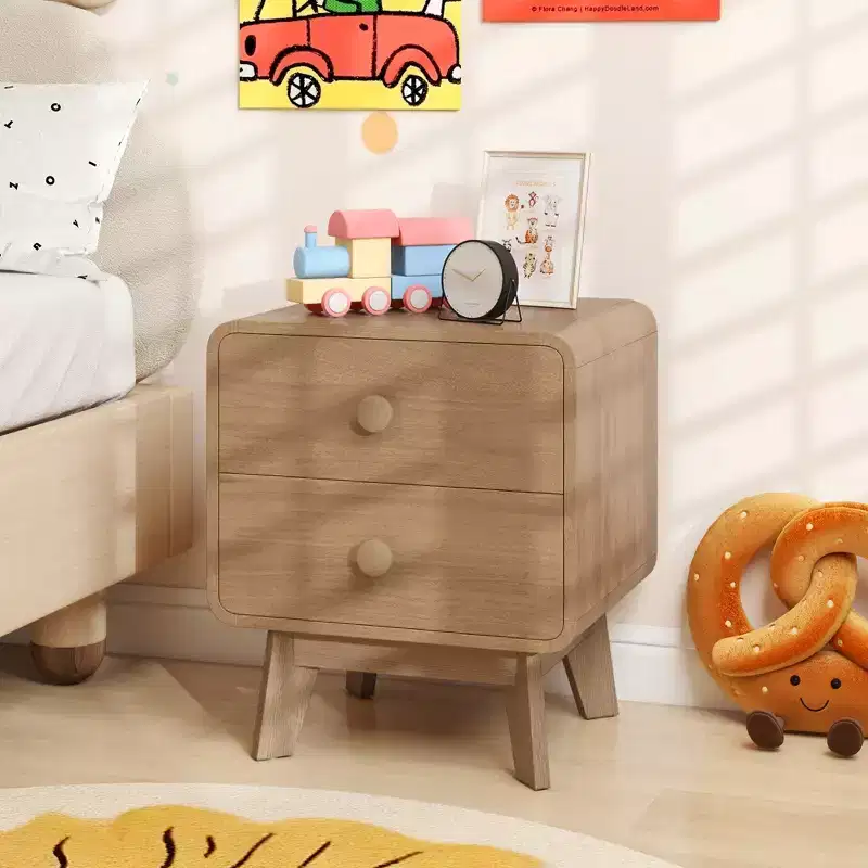 2-Drawer Brown Nightstand with Rubber Wood Legs